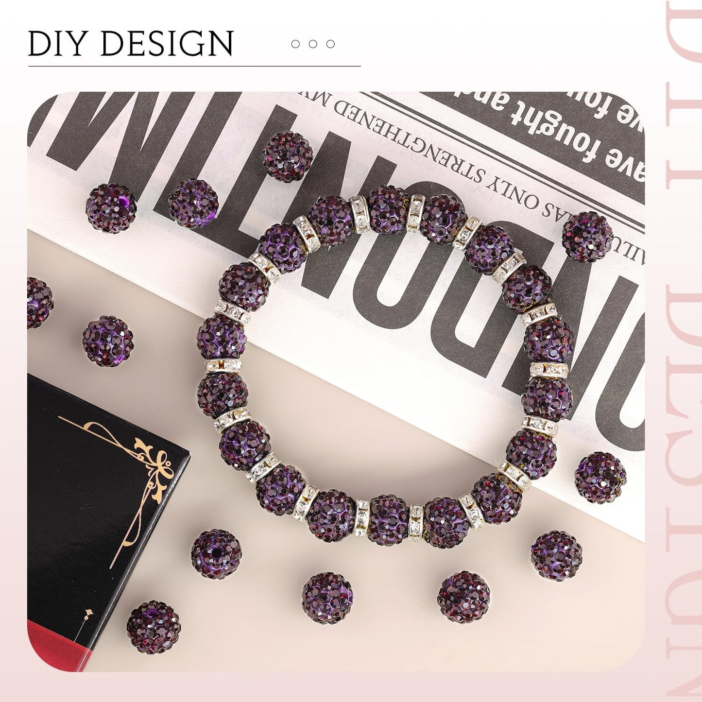 150pcs 10mm Rhinestone Beads for Jewelry Making, Dark Purple Shiny Round Shamballa Disco Beads Bulk, Sparkle Crystal Clay Christmas for Bracelet Baseball Necklace Earring Crafting and DIY