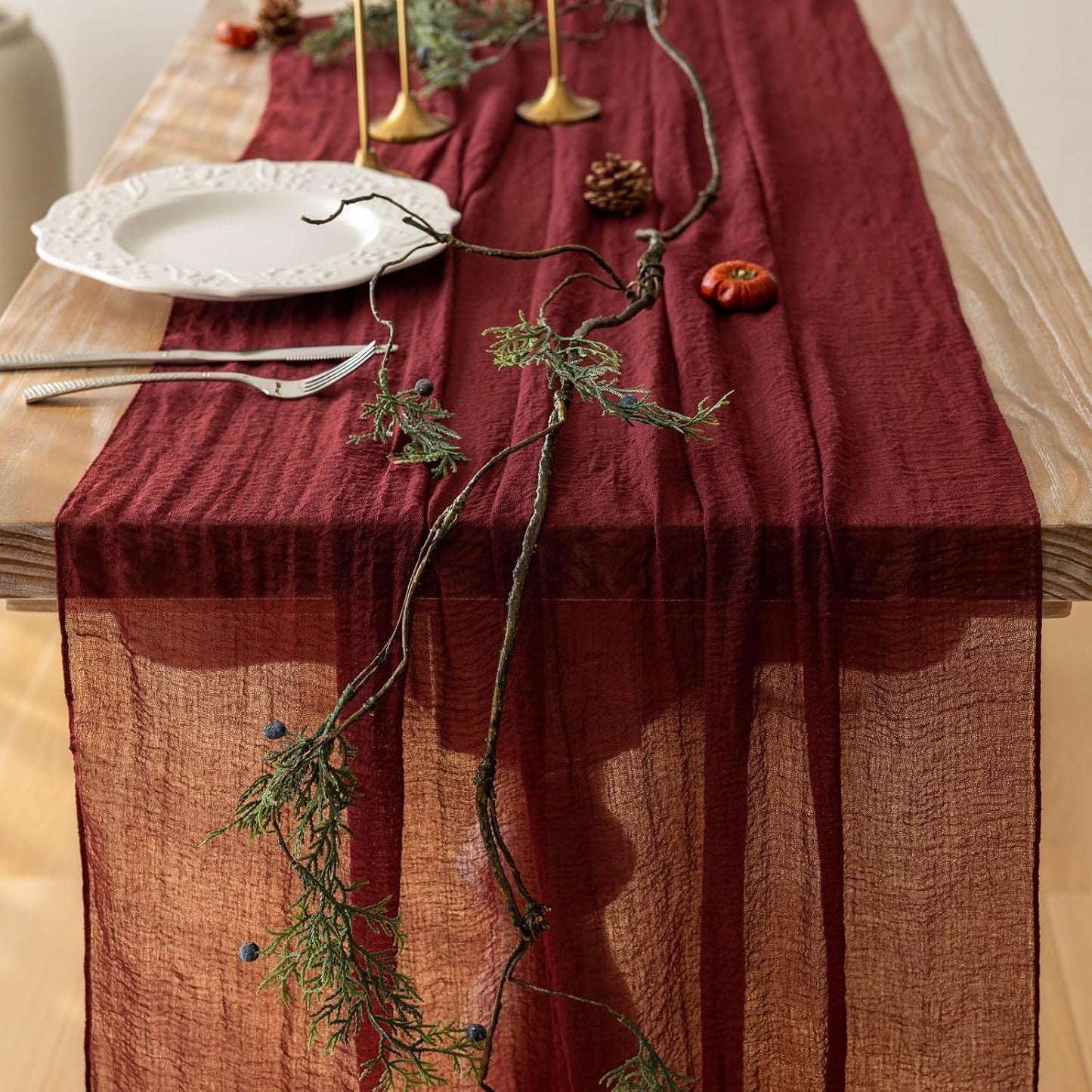Burgundy Christmas Table Runner Decor Red Cheesecloth Gauze 120 Inch 10 FT Rustic Boho Cheese Cloth Runner for Wedding Baby Bridal Shower Party Long Sheer Home Christmas Decorations