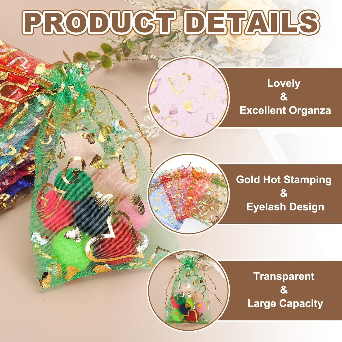 PATIKIL 50 Pcs 3x4 Inch Heart Printed Organza Bags, Red Sheer Heart Organza Bags with Drawstring for Festival Candy Jewelry Party Wedding Favor Gift