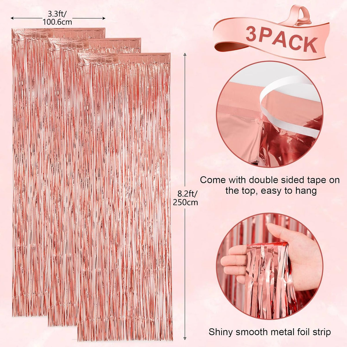 3 Pack 3.3x8.2 Feet Rose Gold Foil Fringe Backdrop Curtains, Tinsel Streamers Birthday Party Decorations, Fringe Backdrop for Graduation, Baby Shower, Gender Reveal, Disco Party