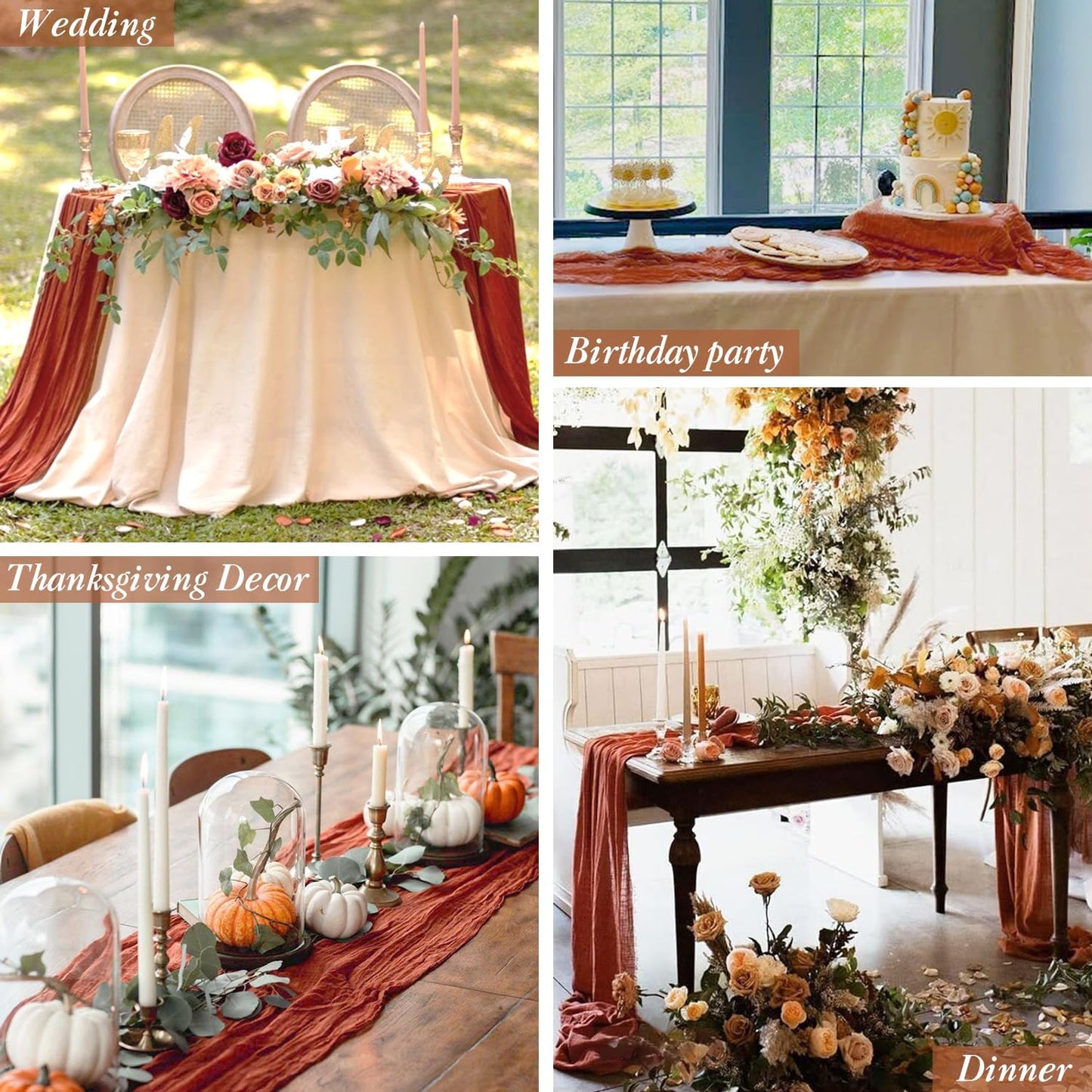 12 Pack Fall Table Runner Terracotta Cheesecloth Table Runner 35x120 Inch Rust Gauze Burnt Orange Cheese Cloth for Wedding Baby Bridal Shower Party Centerpiece Sheer Thanksgiving Fall Decorations