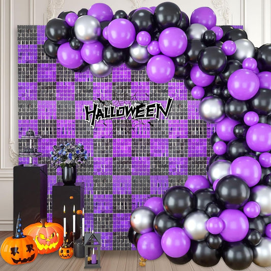 12PCS Black Purple Shimmer Wall Backdrop, Square Sequin Photo Backdrops Panel, Glitter Wall Background for Birthdays, Weddings, Christmas, Engagements, Halloween Party Decor (3FTx4FT)