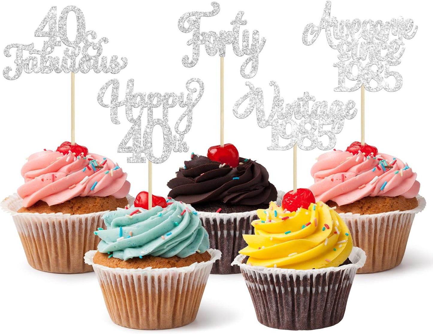 30Pcs Happy 40th Birthday Cupcake Toppers Glitter Forty Vintage 1985 Cupcake Picks Cheers to 40 Fabulous Cake Decorations for 40th Birthday Wedding Anniversary Party Supplies Silver