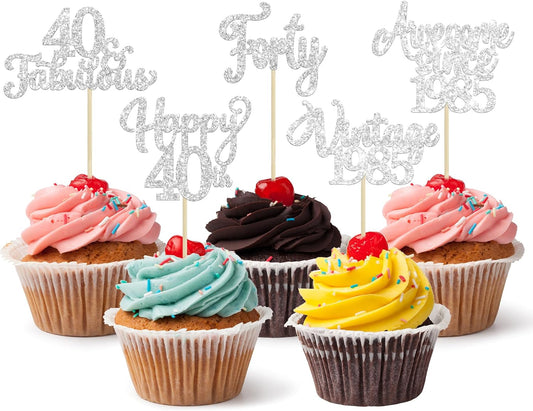 30Pcs Happy 40th Birthday Cupcake Toppers Glitter Forty Vintage 1985 Cupcake Picks Cheers to 40 Fabulous Cake Decorations for 40th Birthday Wedding Anniversary Party Supplies Silver