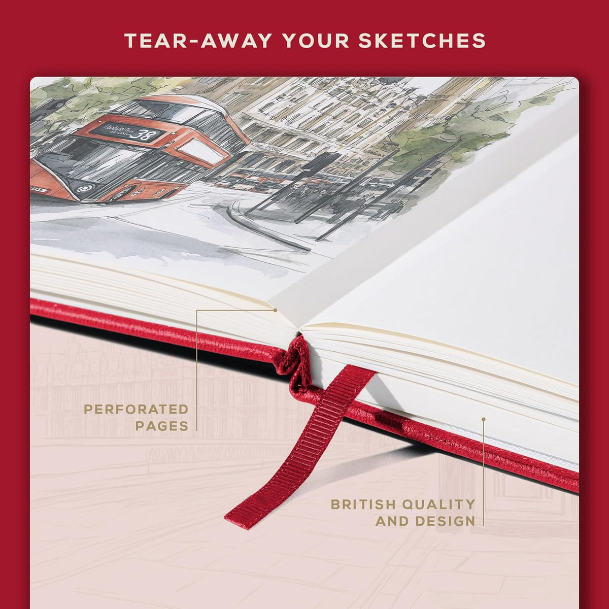 Beechmore Books A4 Sketchbook – 8.5x11 Premium Vegan Leather Bound Large Sketch Book Hardcover with 156 Thick 160gsm Perforated Ivory Pages, Blank Sketch Pad, Gift Boxed, Back Pocket, Ribbon Bookmark