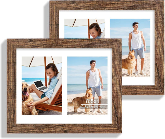 8.5x11 Picture Frame Set of 2, Rustic Brown Certificate Document Frames with Glass Collage Frame, Display Pictures Two 5x7 With Mat or 8.5 x 11 Without Mat for Wall Hanging or Tabletop