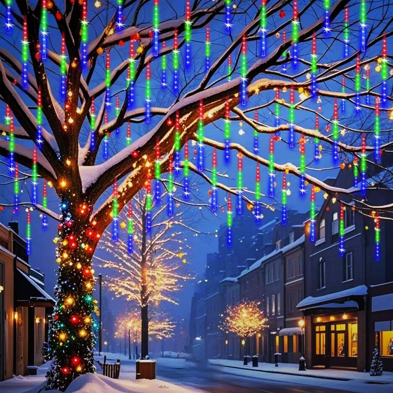 Meteor Shower Outdoor Christmas Lights 32 Tube 768LEDs Snow Falling Rain Cascading Icicle Light for Christmas Halloween Tree Decorations Wedding Party Garden Decor, UL Plug Multi Color