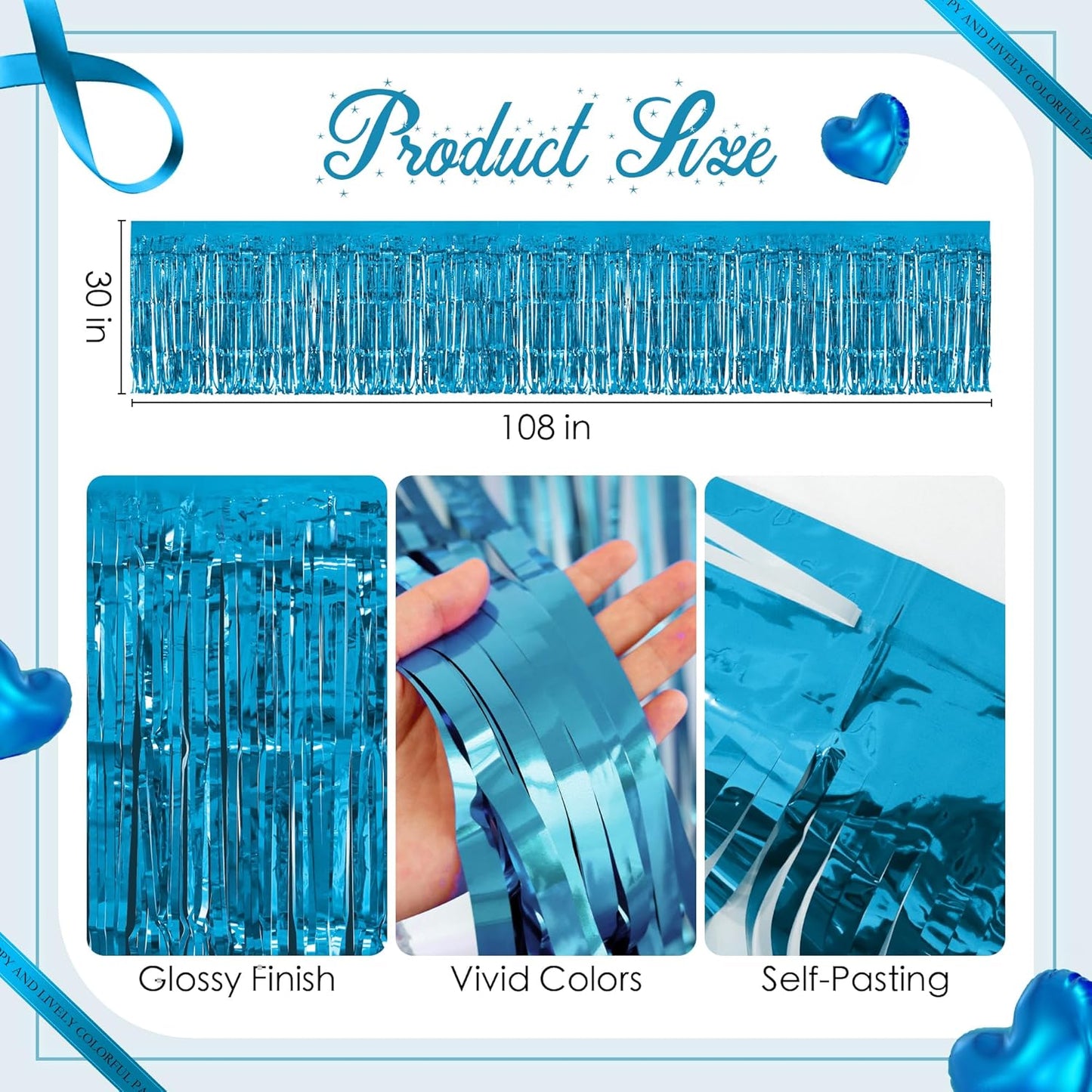 8 Pack Lake Blue Table Skirts, 29x108" Metallic Foil Tinsel Fringe Table Skirts for Rectangle Tables Streamer Curtains Backdrop, Party Decorations for Birthdays Weddings Holidays