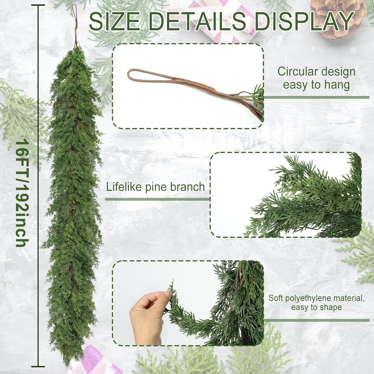 Artgar 16 Ft Christmas Garland - Cedar Garland - Cypress Garlands - Real Touch Pine Garlands - Garland Christmas Decorations for Home Dining Table Mantel Porch Winter Christmas Decor