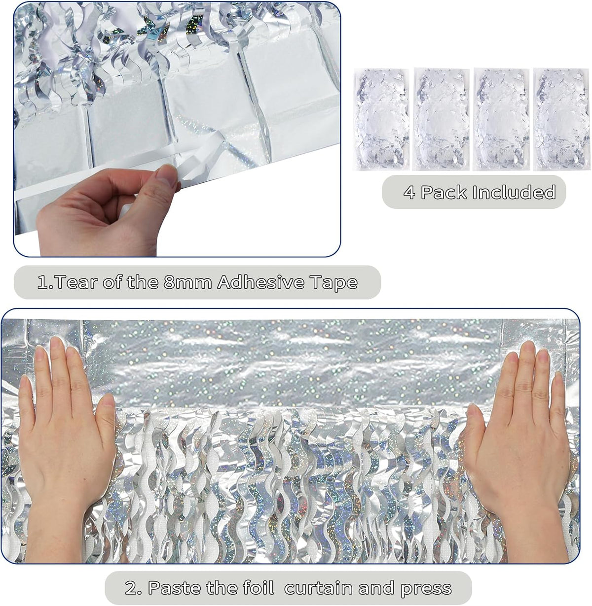 4 Pack 3.3 ft x 6.6 ft Silver Metallic Tinsel Foil Fringe Curtains - Door Streamers for Photo Booth Christmas Day Thanksgiving Wedding New Year Party Decorations