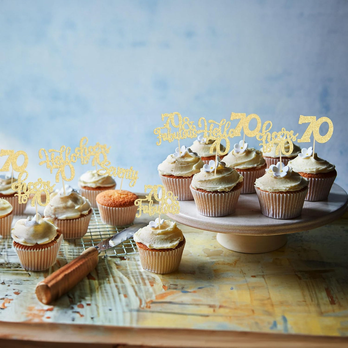 30Pcs Happy 70th Birthday Cupcake Toppers Seventy Cheers to 70 Years Old Birthday Cupcake Picks for 70th Birthday Anniversary Party Cake Decorations Supplies Gold Glitter