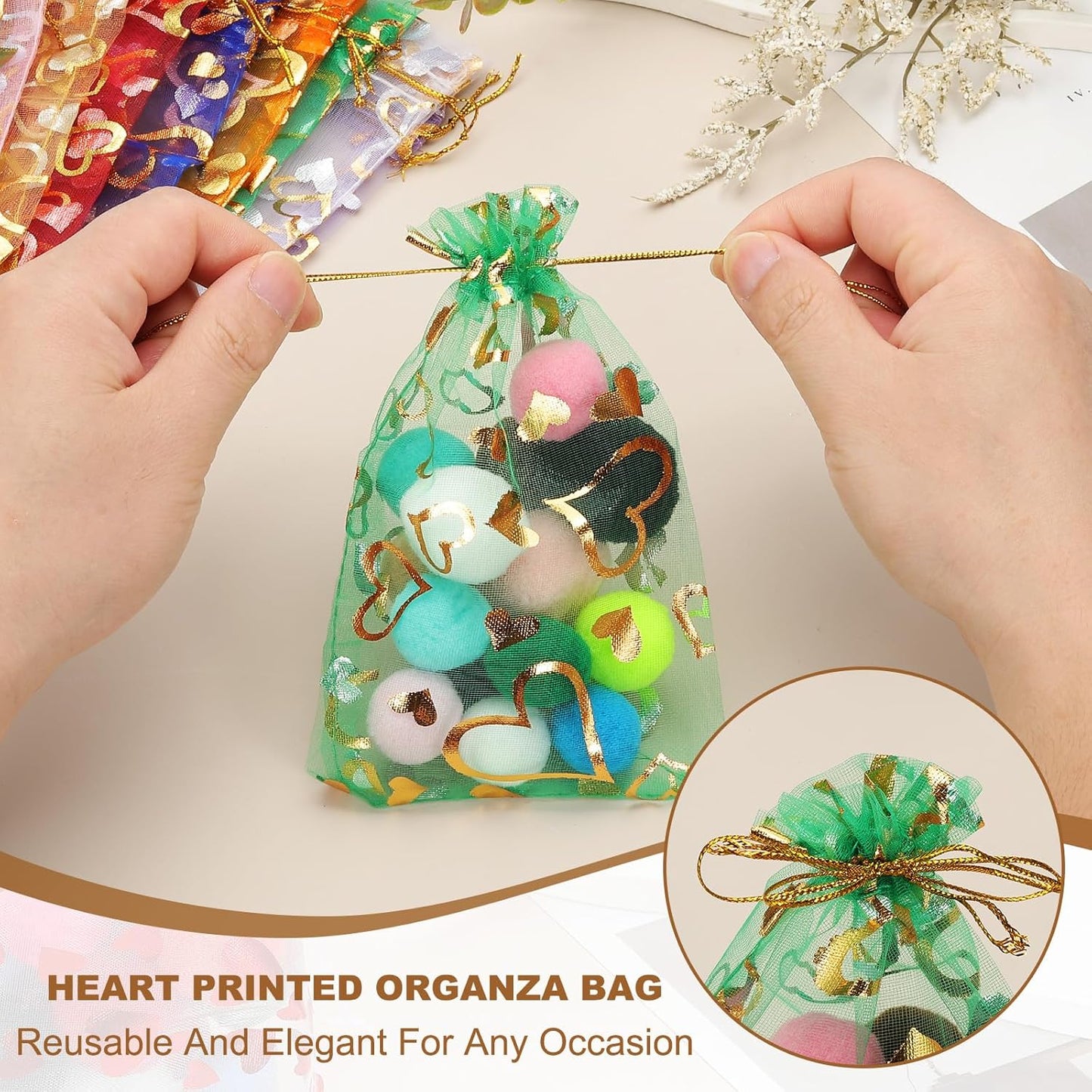 PATIKIL 50 Pcs 4x6 Inch Heart Printed Organza Bags, Purple Sheer Heart Organza Bags with Drawstring for Christmas Candy Jewelry Party Wedding Favor Gift