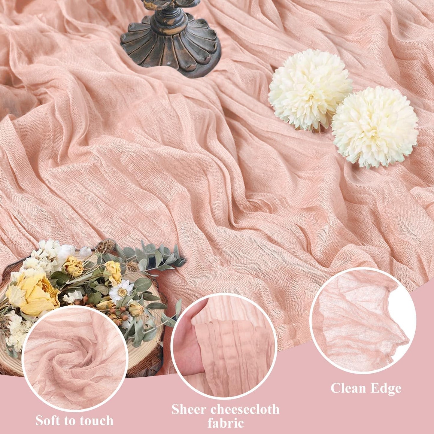 Asee'm 2pcs Cheesecloth Table Runner 120 Inches Dusty Pink Boho Gauze Cheese Cloth Runner 10FT Rustic Sheer Fall Table Runners for Thanksgiving Wedding Baby Shower Holiday Party Decoration
