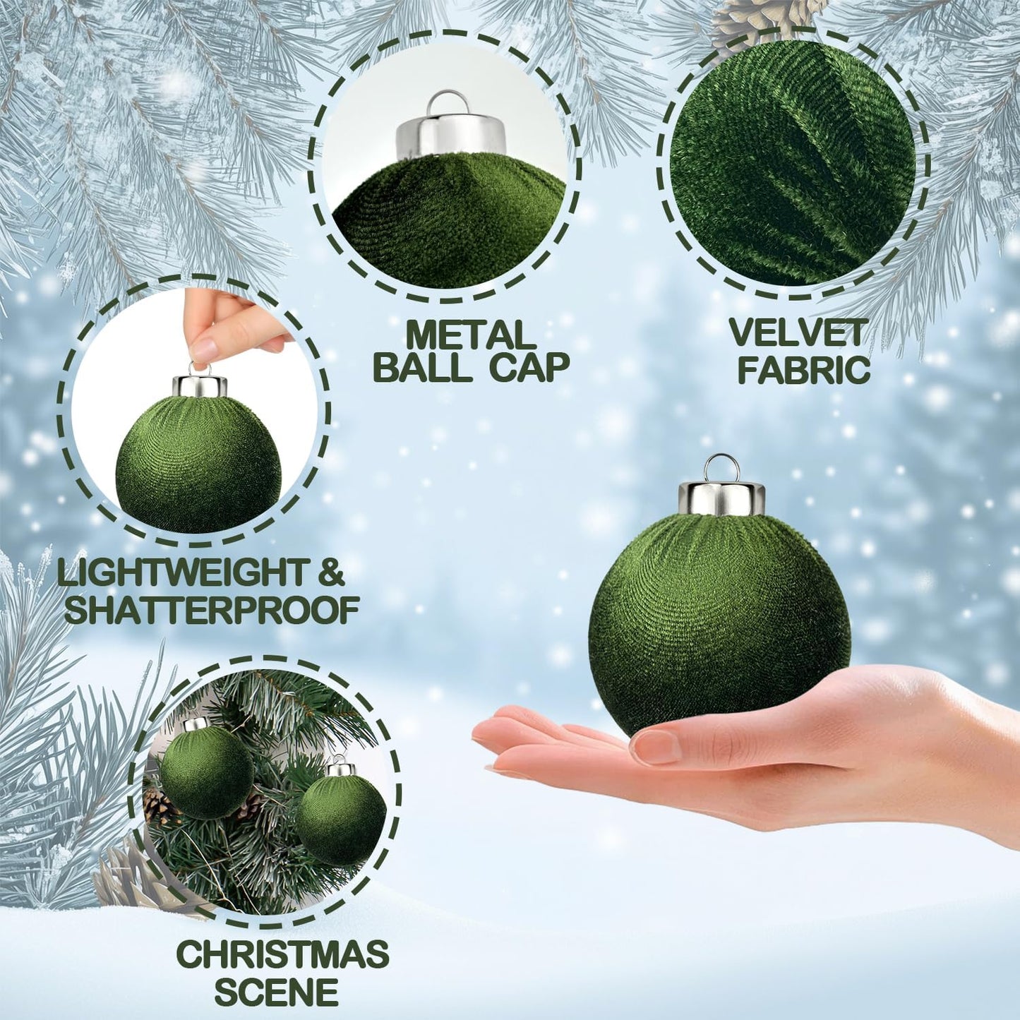 Green Velvet Ornaments for Christmas Tree 15 PCS, Big Neutral Flocked Christmas Bulbs Ornaments Set, Matte Suede Xmas Hanging Baubles Decorations (Sage Green, 3.15 Inch)