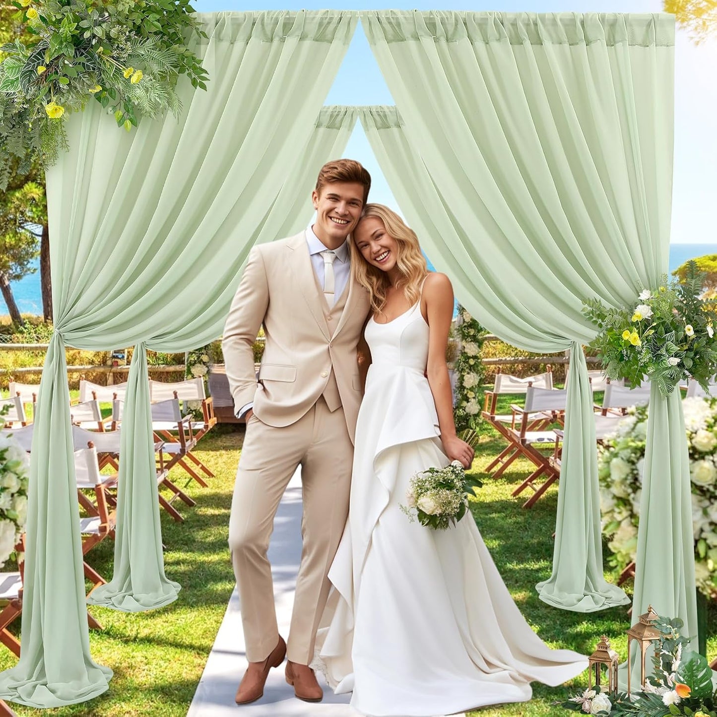 PARTISKY 10x10ft Sage Green Chiffon Sheer Backdrop Curtains, Wrinkle-Free Wedding Backdrop Drapes for Birthday Party Ceremony Arch Stage Decor Background for Photography 5x10ft,2 Panels
