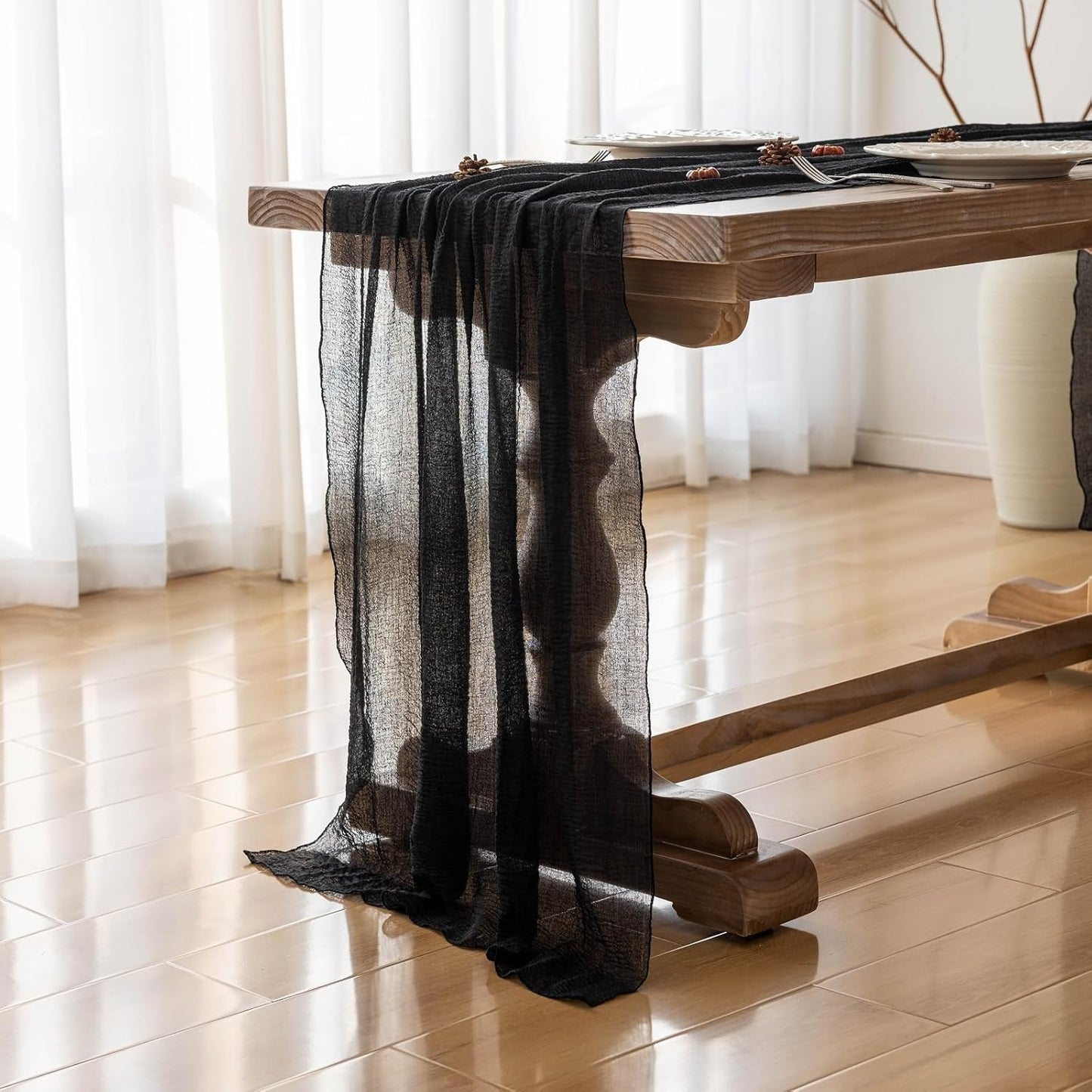 Black Halloween Table Runner Cheesecloth Gauze Rustic Premium Cotton Cheese Cloth Table Decor 120 Inch 10 FT for Wedding Bridal Baby Shower Long Sheer Boho Home Decorations