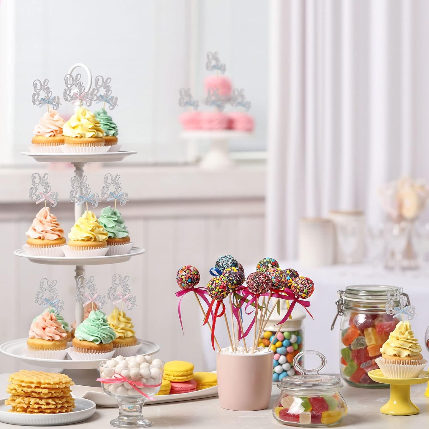 Gyufise 36Pcs Oh Baby Cupcake Toppers with Blue Pink Bowknot Silver Glitter Baby Shower Cupcake Picks Gender Reveal Cupcake Topper Decoration for Gender Reveal Baby Shower Kids Birthday Party Supplies