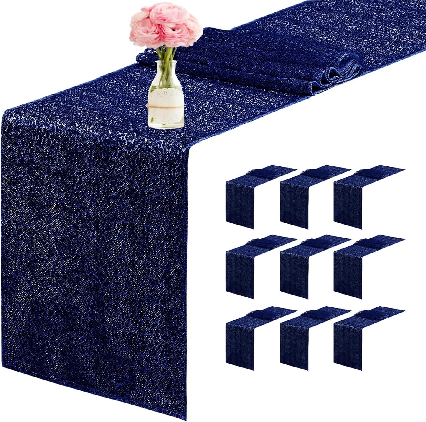 10 Packs 12 x 72 inches Sequin Table Runner, Navy Blue Glitter Table Runner for Birthday Party Supplies Wedding Engagement Baby Shower Holiday Celebration Event Decorations