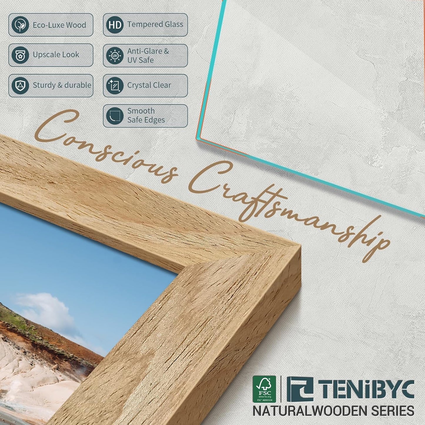 12x16 Picture Frame Set - 4 Pack, Natural Woodgrain, HD Tempered Glass, Wall Gallery Photo Frame