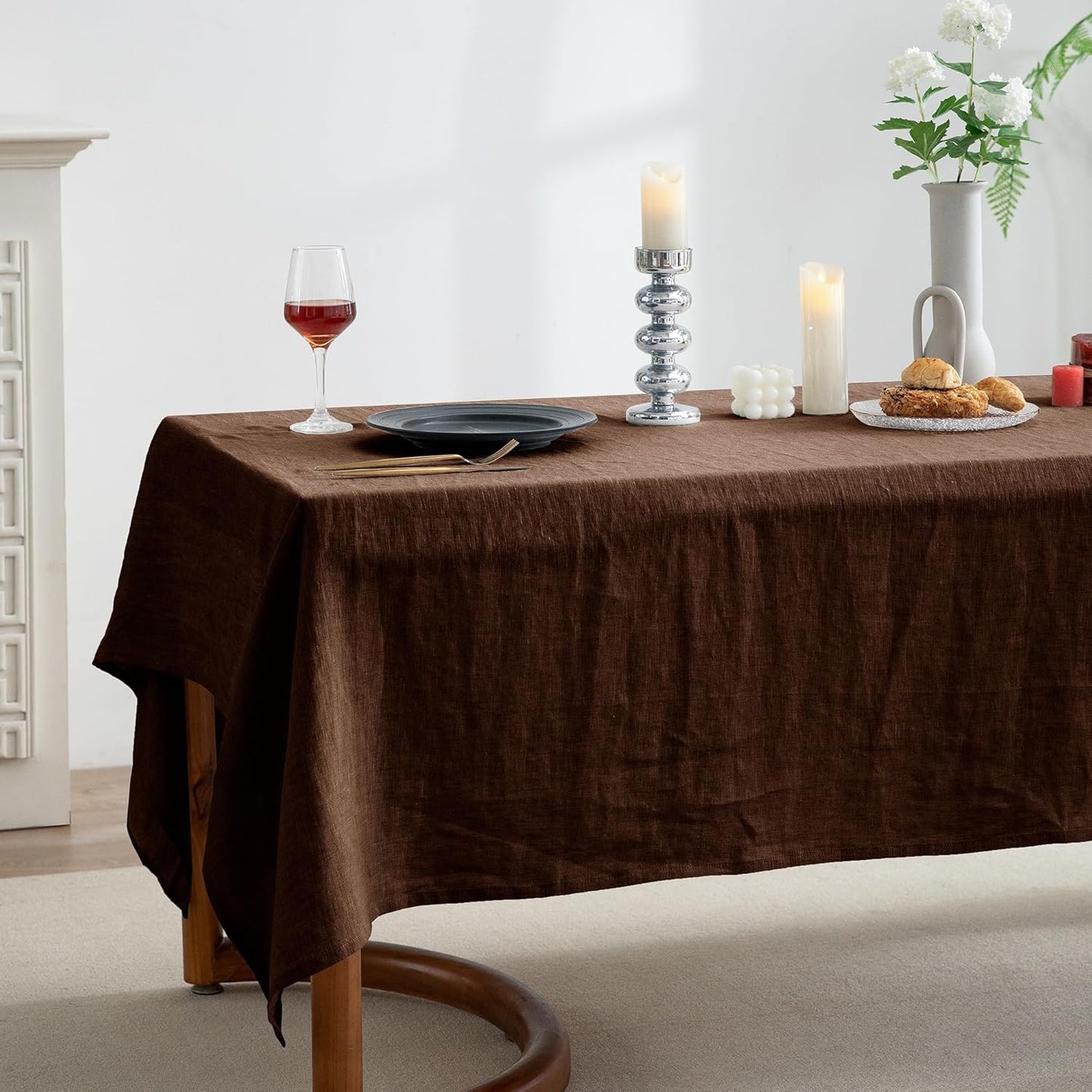 EVERLY 100% Pure Linen Rectangle Tablecloths 60x84Inches for Dining,Buffet Parties,Picnic,Events,Weddings and Restaurants,Decorative Halloween,Thanksgiving Machine Washable Tablecloths-Chocolate