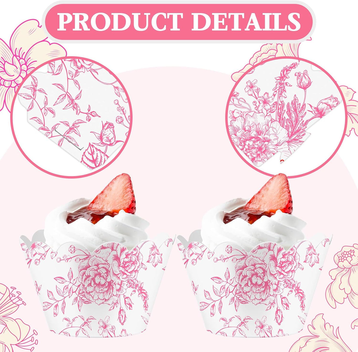 Domensi 100 Pcs Pink Floral Cupcake Wrappers Rustic Cupcake Liners Pink Baking Cups Flower Baking Liners for Wedding Bridal Baby Shower Birthday Party Supplies Dessert Decoration