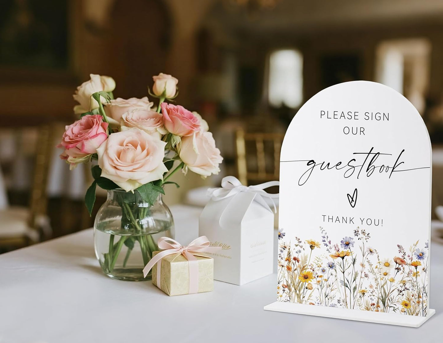 Wedding Signs for Ceremony and Reception, Boho Floral Please Sign Our Guestbook, Wedding Signage with Stand, Bridal Shower Table Centerpieces, Supplies for Engagement Reception and Event Party, 32