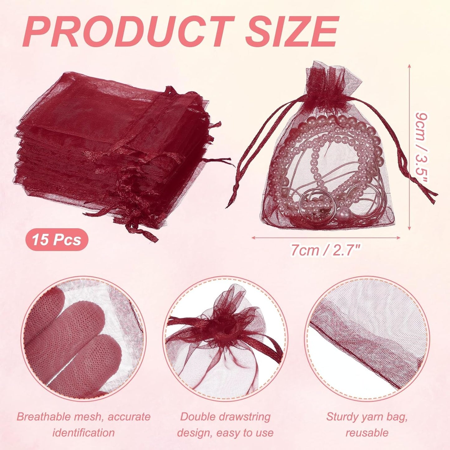 uxcell 50 Pcs Organza Gift Bags, 2.7x3.5 Inch Drawstring Pouches Jewelry Gift Bags, Small Wedding Favor Pouches for Christmas Birthday Wedding Goodie Candy Candle, Wine Red