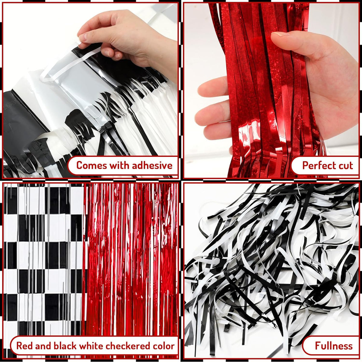 3 Pcs Racing Cars Foil Fringe Curtain Red Black White Checkered Photo Booth Props Tinsel Streamer Curtain Set for One Happy Dude Party Backdrop Decor