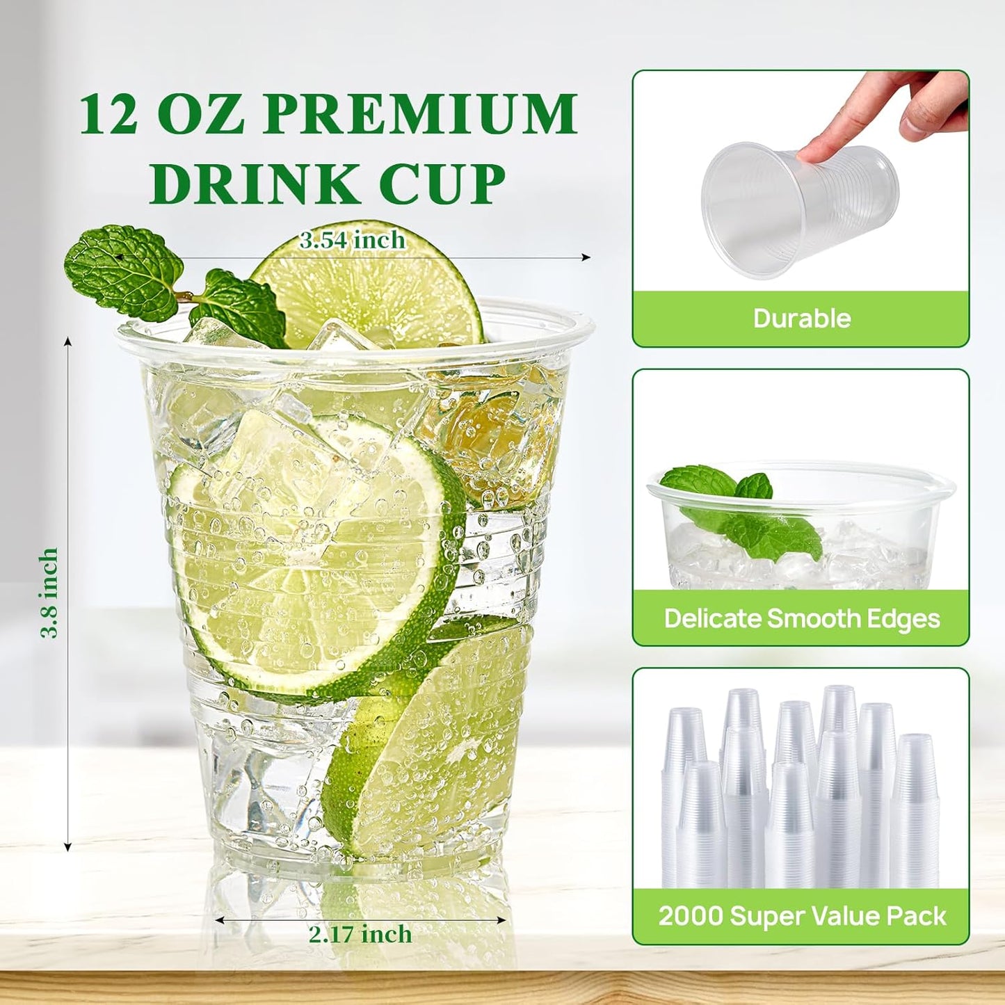 Vplus 2000 Pack 12 OZ Clear Plastic Cups, 12 Ounce Disposable Drinking Cold Water Party Bulk Plastic Cups for Business Wedding Party