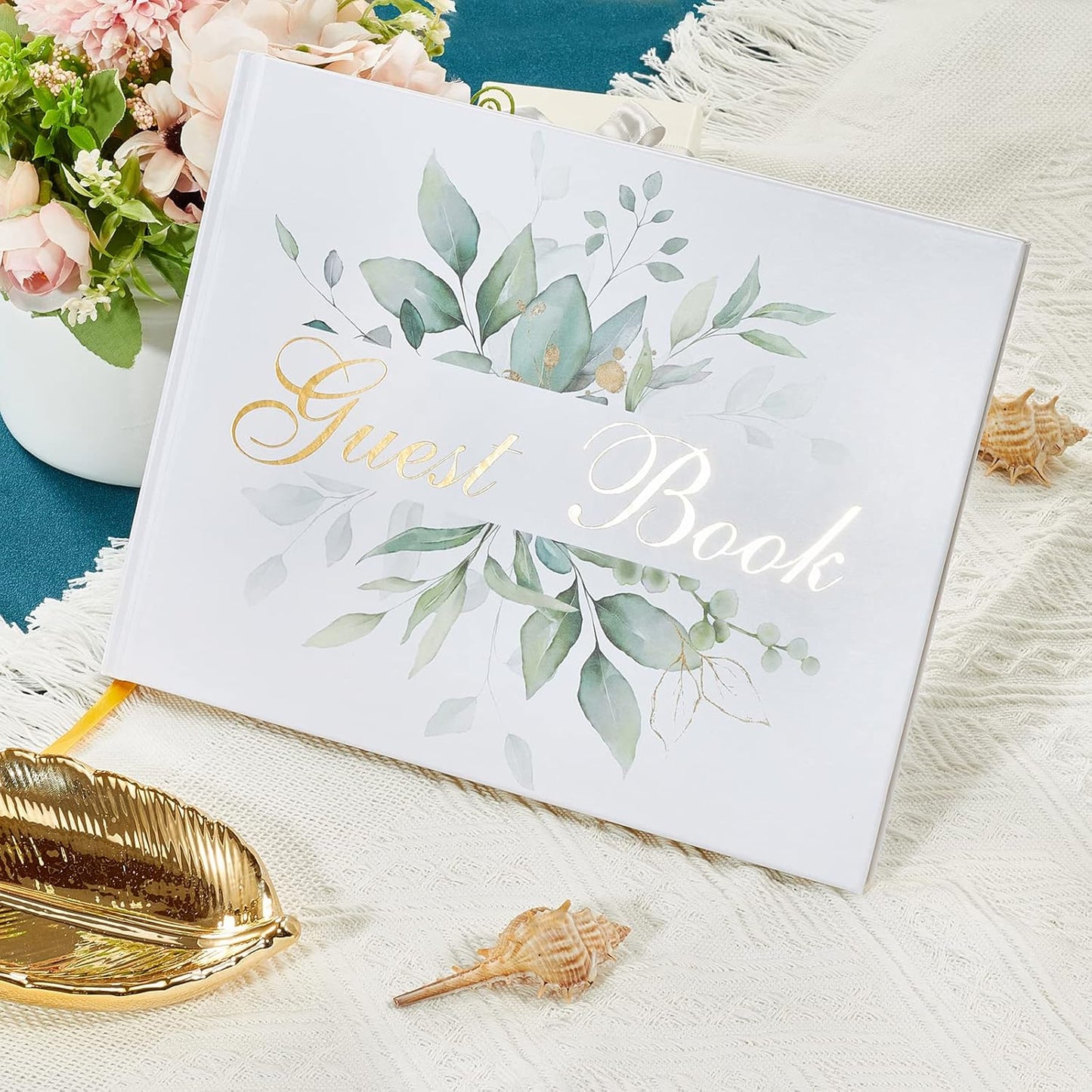TRULIVA Wedding Guest Book - Guest Sign in Book - Wedding Reception Registry Book - Hard Cover, 7" x 9" (Eucalyptus Gold Foil, Book)