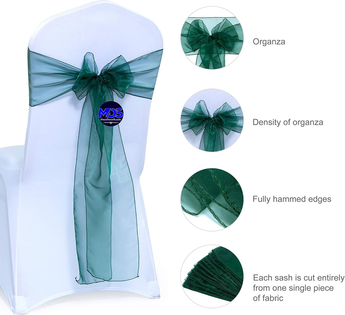 MDS Pack of 250 PCS Organza Chair Sashes Wider Dining Chair Bows Ribbon Tie Back for Wedding Party Birthday Bridal Shower Reception Event Banquet Home Chair Cover Decoration - Hunter Green
