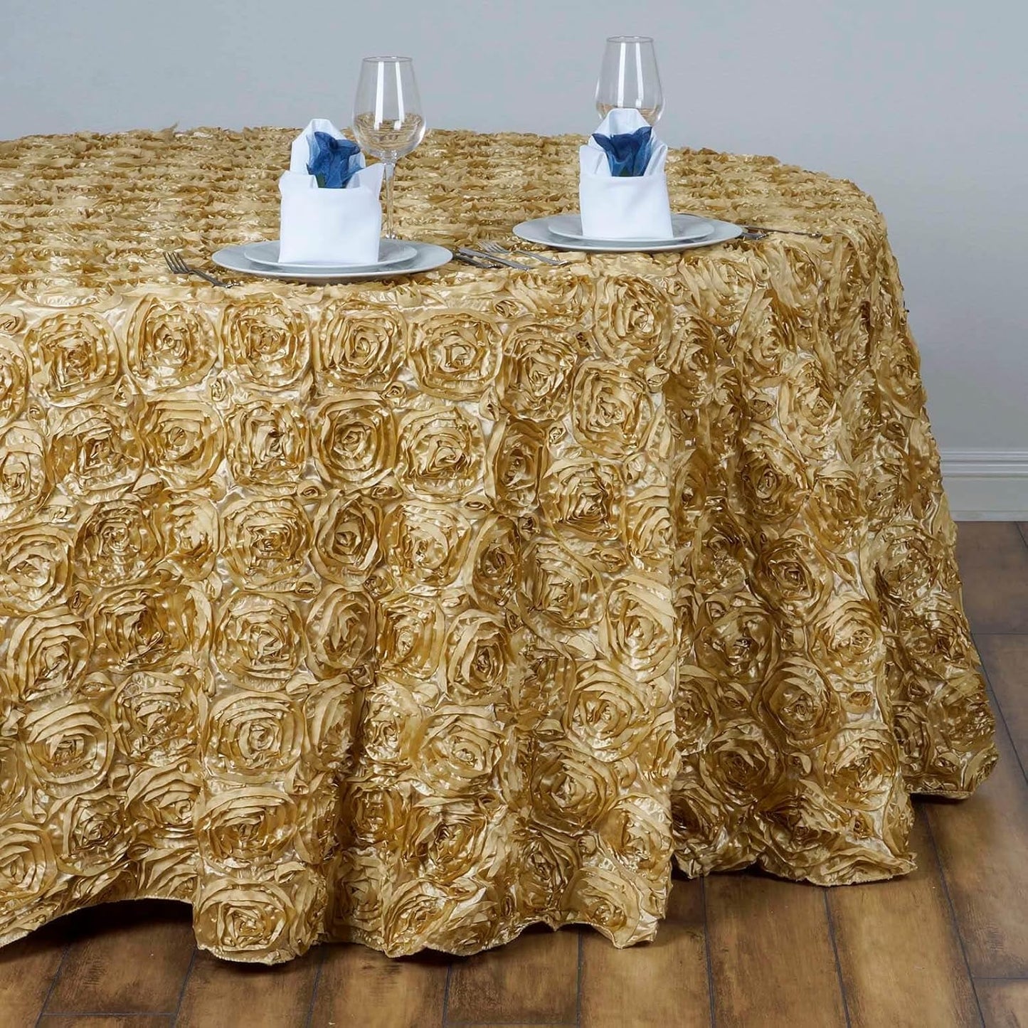 Efavormart 132" Wholesale Round Table Cover Champagne Grandiose Rosette 3D Satin Tablecloth for Wedding Party Event Decoration