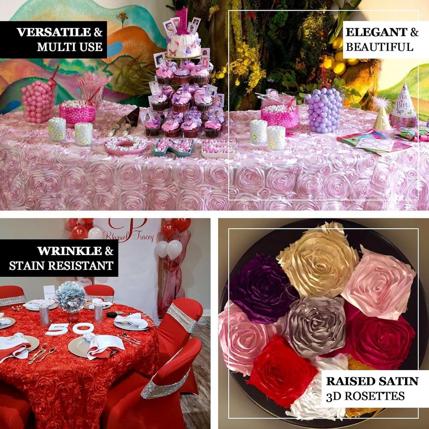 Efavormart 132" Wholesale Round Table Cover Champagne Grandiose Rosette 3D Satin Tablecloth for Wedding Party Event Decoration