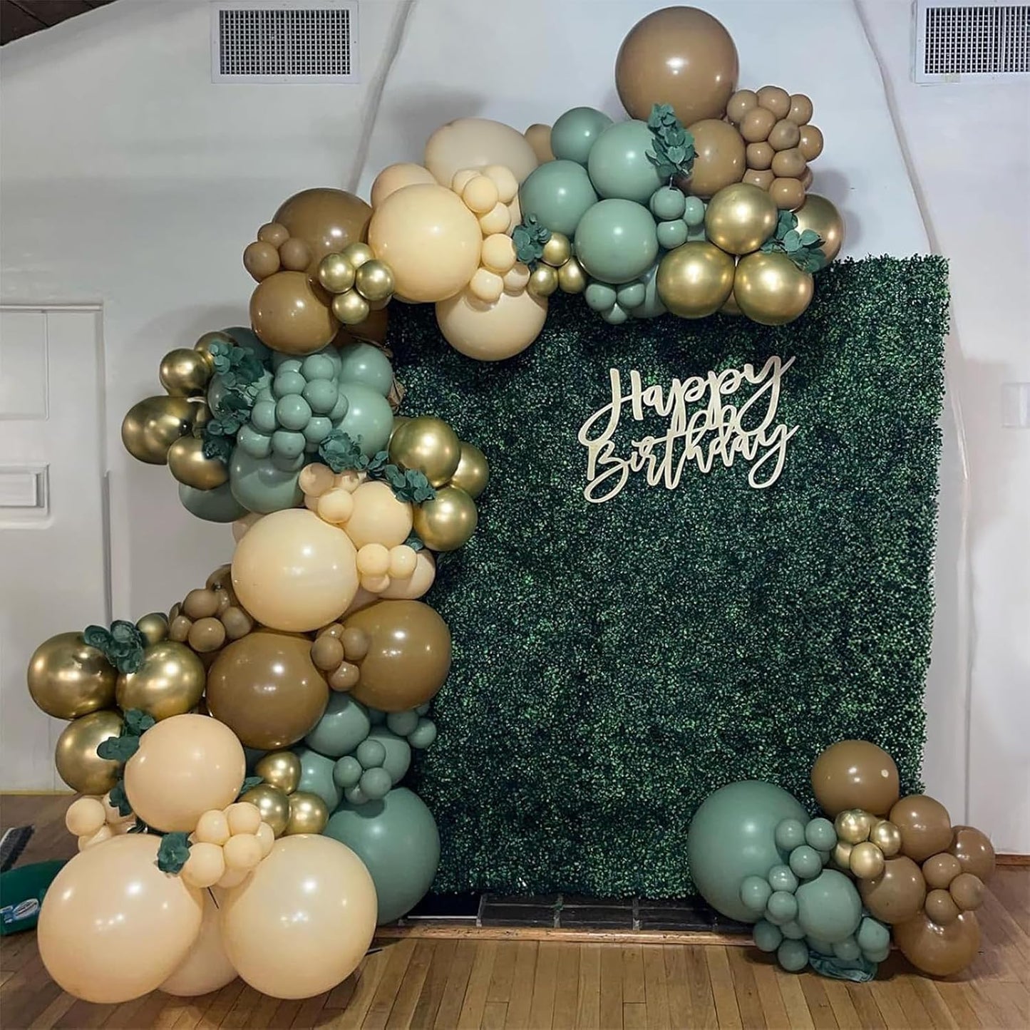 60 PCS Sage Green, Gold, Brown Latex Balloons - Woodland Camo Army Olive Green, Dark Brown, Coffee Nude Gold Party Balloons for Jungle Safari Woodland Hunting Birthday Decorations