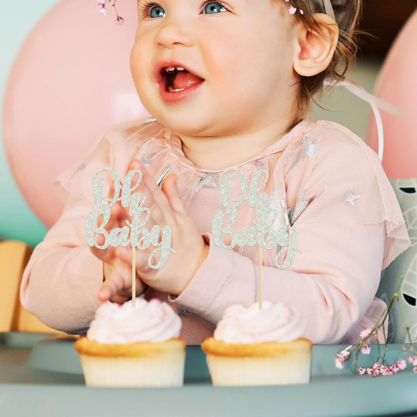 Gyufise 36 Pack Oh Baby Cupcake Toppers Silver Glitter Baby Shower Cupcake Picks Boys Girls Birthday Party Cake Decorations