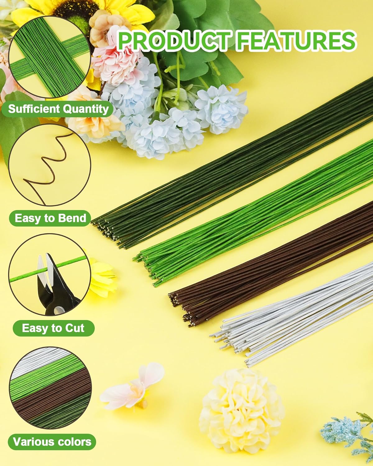 50 PCS FIVEIZERO 16 Gauge White Floral Wire Stems for Artificial Flower Making,Florist Wire,Flower Wires for Crafts,Alambre para Flores for Wreaths, Flower Arrangements and DIY Projects