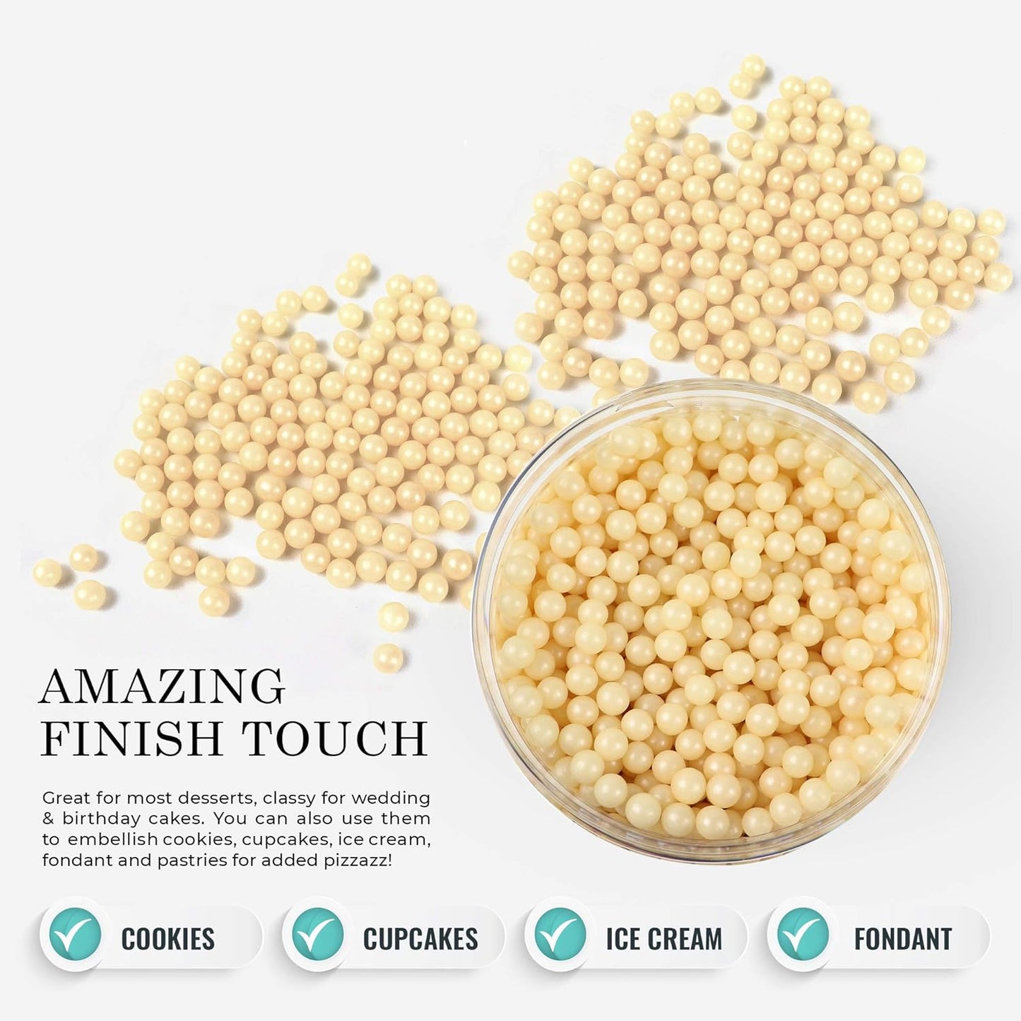 O'Creme Ivory Edible Sugar Pearls Cake Decorating Supplies for Bakers: Cookie, Cupcake & Icing Toppings, Beads Sprinkles For Baking, Certified, Candy Sugar Ball Accents (5mm, 11 Lbs)