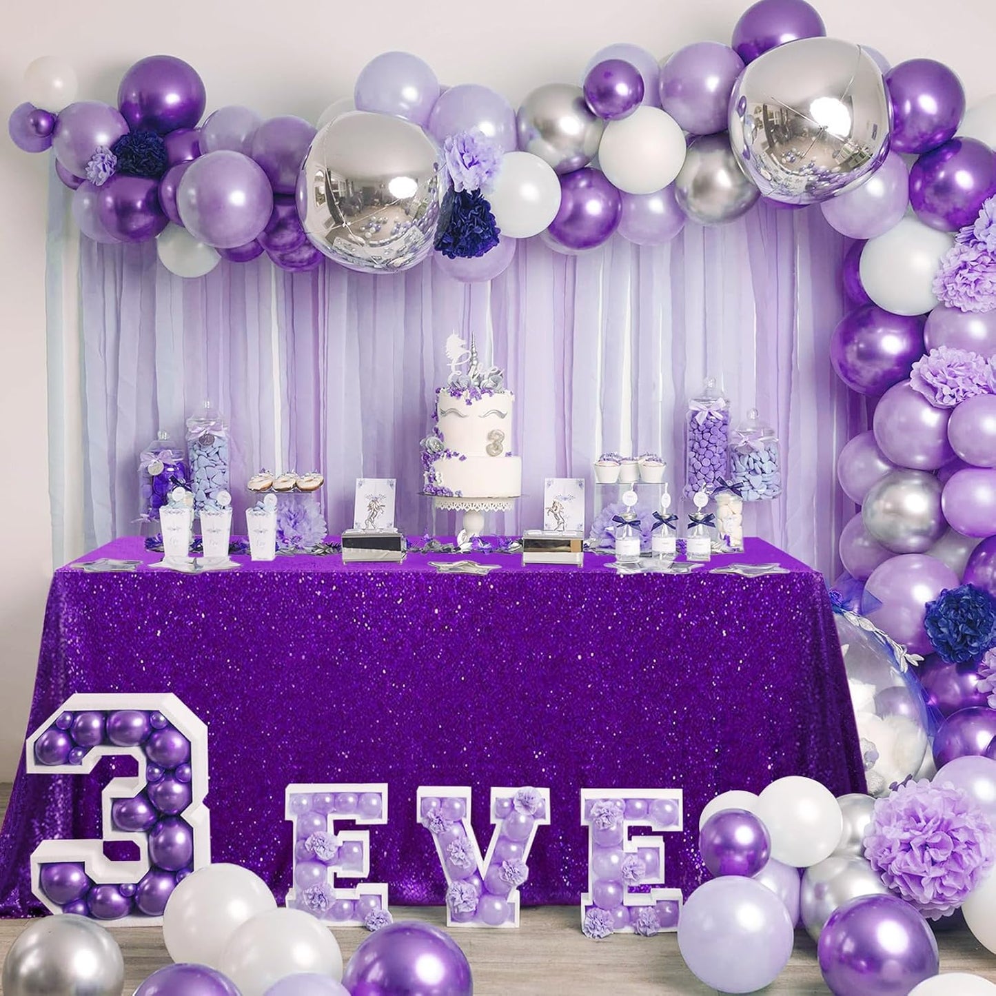 QueenDream Purple Tablecloth Sequin Fabric Table Cloths 90x90 Inch Halloween Party Decorations Purple Overlay Drapes Birthday Party Xmas Decorations