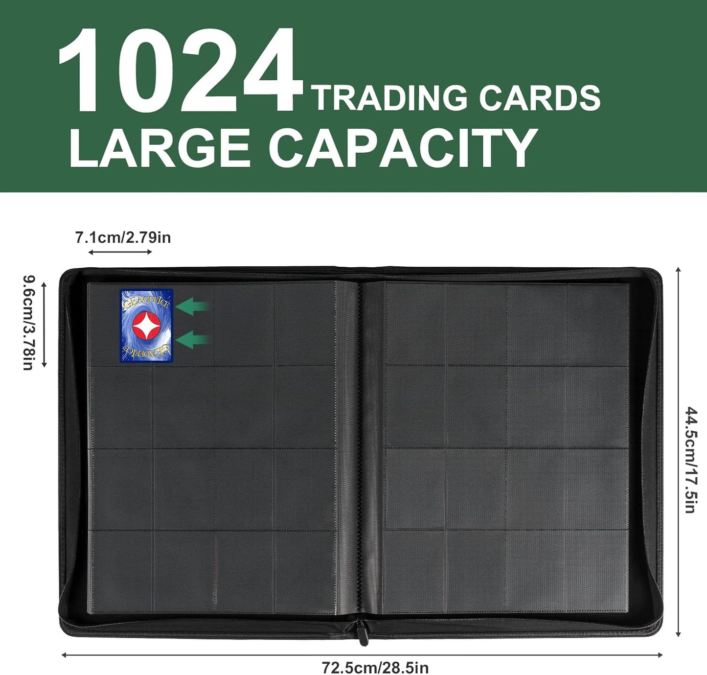 GEAoffice Premium 1000 Trading Card Binder, Large Side Loading 16 Pocket Card Collection Binder Album Folder for MTG, TCG & Sports, Green