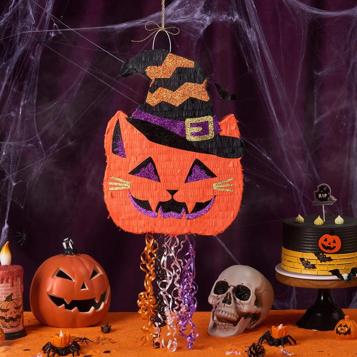 WERNNSAI Halloween Pumpkin Pinata - Halloween Pumpkin Party Decorations Black Cat Party Games for Kids Baby Hallows Eve Supply Jack O Lantern Pumpkin Design with Bat Blindfold