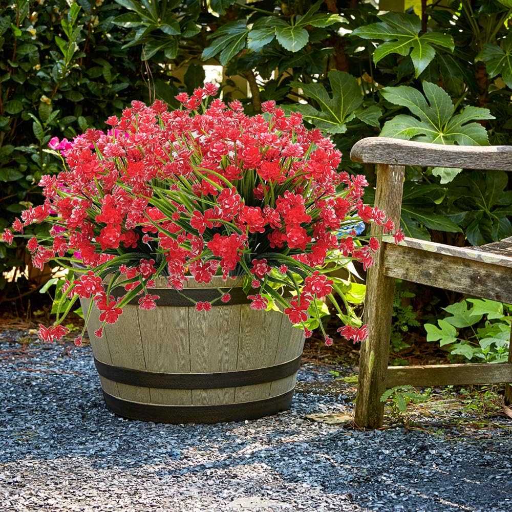 Artificial Flowers Outdoor UV Resistant Fake Plants Indoor Outside Hanging Planter Home Garden Decor, 10 Bundles (Red)