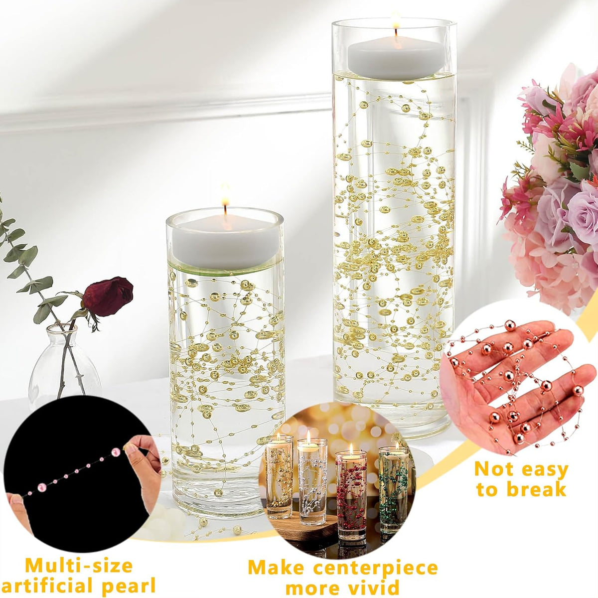50 PCS Artificial Floating Beads for Centerpieces Vases, Red 8+3mm String Beads for Wedding Party Faux Pearl String for Decorating, String Pearls for Crafts Vase Filler