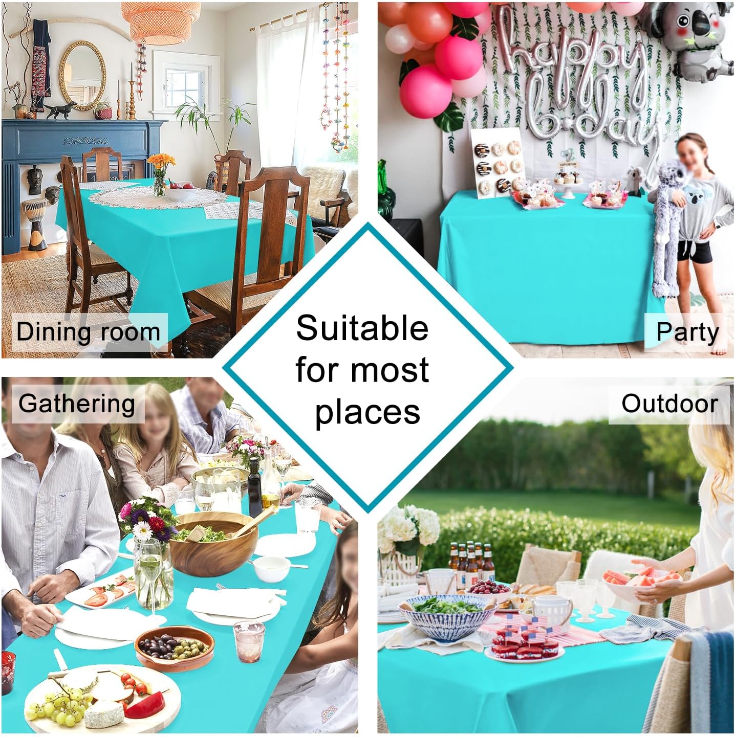 Hiasan 2 Pieces Solid Square Tablecloth - Waterproof and Spillproof Washable Polyester Fabric Table Cloth for Kitchen and Dining Room, Aqua, 60 x 60 Inch