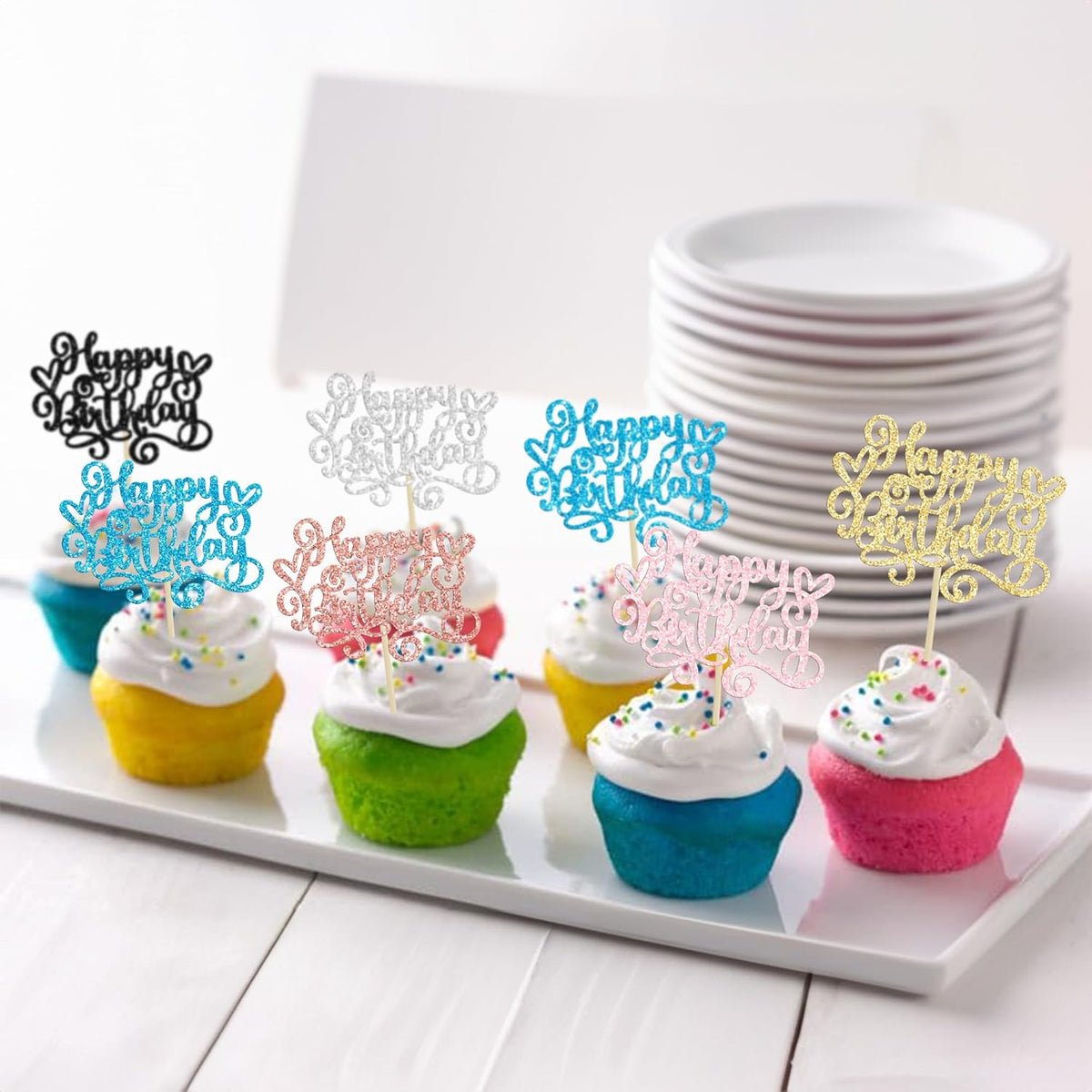 Gyufise 24Pcs Happy Birthday Cupcake Toppers Glitter Happy Birthday Cupcake Picks for Celebrating Happy Birthday Anniversary Theme Party Cake Decorations Supplies Black Pink Blue