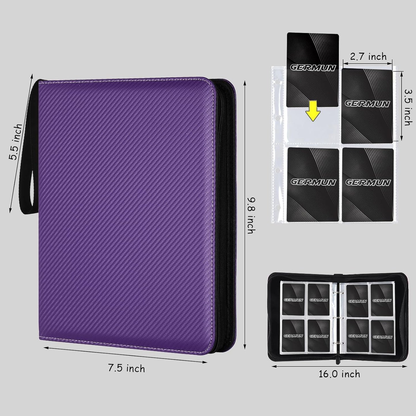 4 Pocket Card Binder, Premium Zip Trading Card Binder, 400 Double Sided Pocket PU Card Collection Binder, Collector Card Album, Card Folder for MTG, TCG, Sports Cards, Game Cards (Purple)