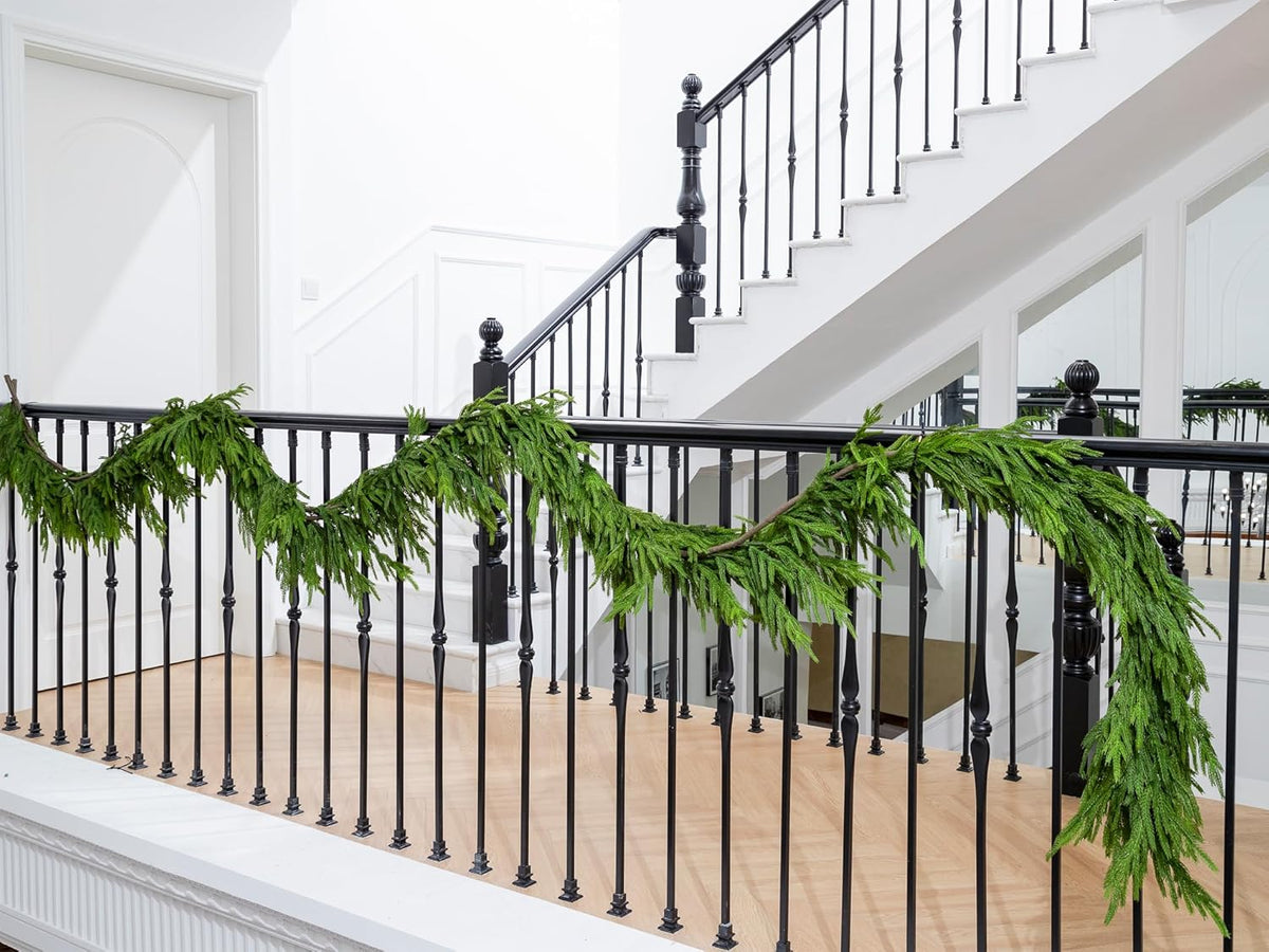 15FT Christmas Garland Real Touch Norfolk Pine Garland Winter Pine Garland for Mantle Stairs Railing Table Fireplace Wall Indoor Outdoor Holiday Xmas Decor Decoration