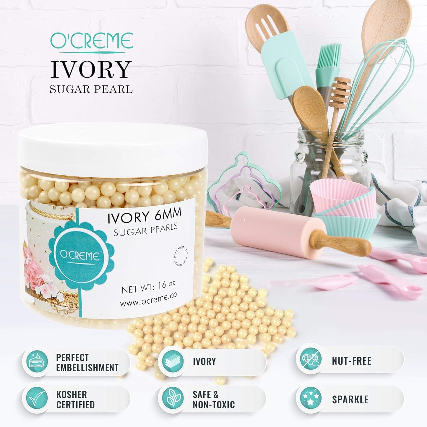 O'Creme Ivory Edible Sugar Pearls Cake Decorating Supplies for Bakers: Cookie, Cupcake & Icing Toppings, Beads Sprinkles For Baking, Certified, Candy Sugar Ball Accents (4mm, 16 Oz)