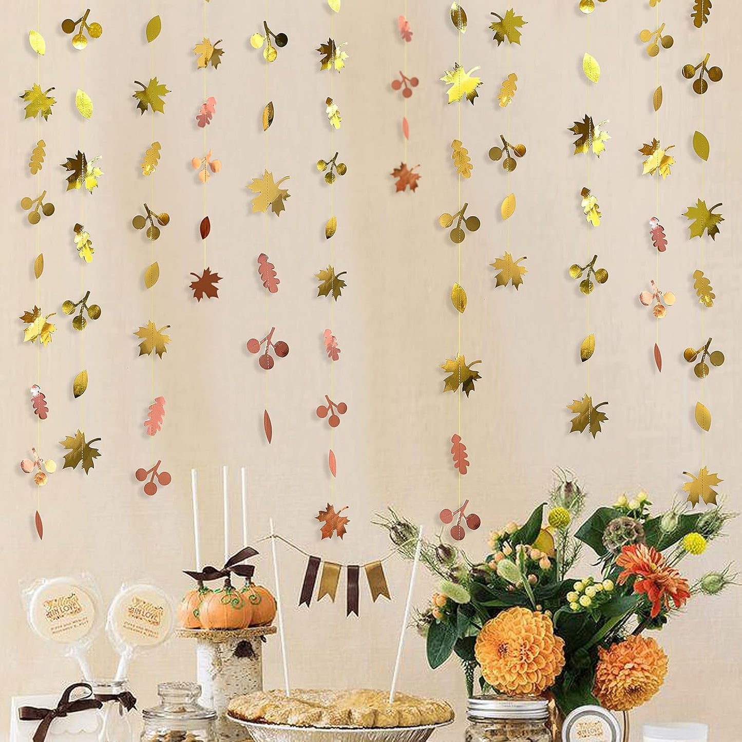 52Ft Fall Party Decorations Maple Leaf Garland Streamer Champagne Rose Gold Gradient Autumn Leaves Paper Banner for Thanksgiving Harvest Birthday Wedding Bridal Shower Engagement Party Decor