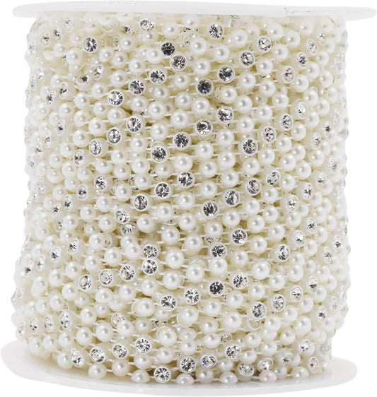 Mandala Crafts 0.5 Inch Crystal Faux White Pearl Beads Roll - 10 Yards Strand of Rhinestones Fake Pearls Chain Garlands Spool String for Christmas Tree, Wedding, Party, Vases, DIY Decoration