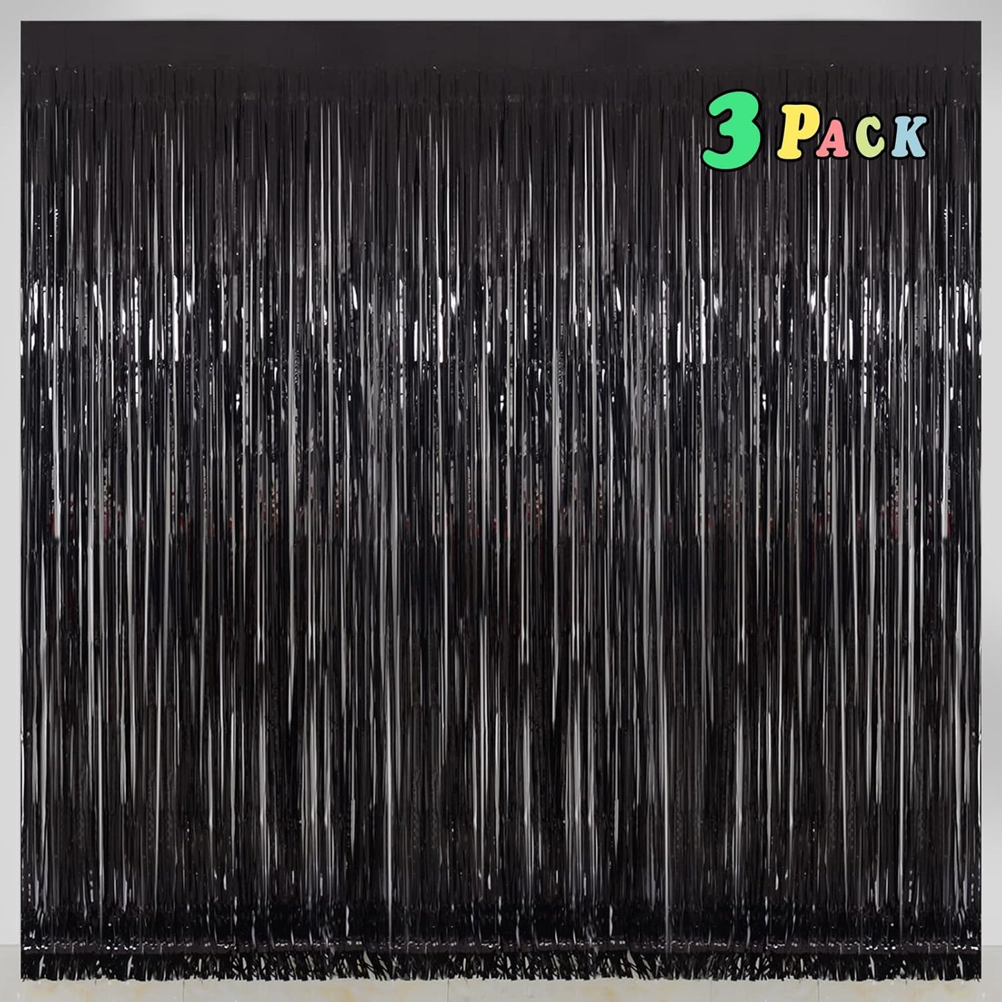 Foil Fringe Curtains Halloween Decor Party Decorations - Melsan 3 Pack 3.2 x 8.2 ft Tinsel Curtain Party Photo Backdrop for Birthday Party Baby Shower or Graduation Decorations (Pure Black)